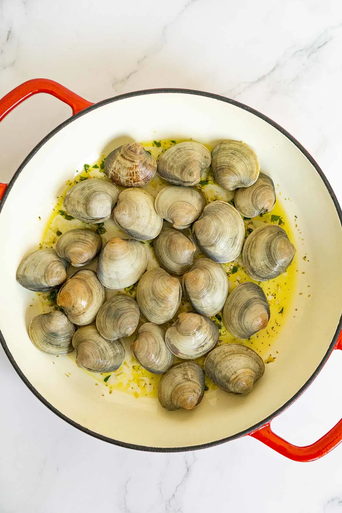 Clams steaming in white wine sauce with lemon juice and oregano