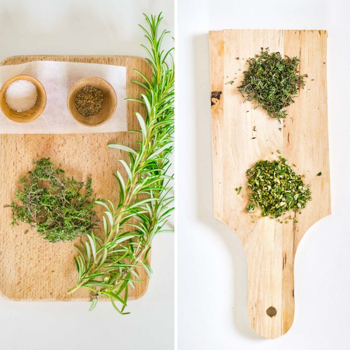 Collage of 2 pictures of rosemary and thyme