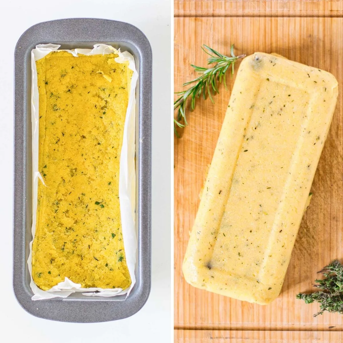Collage of 2 pictures of polenta in a loaf pan.