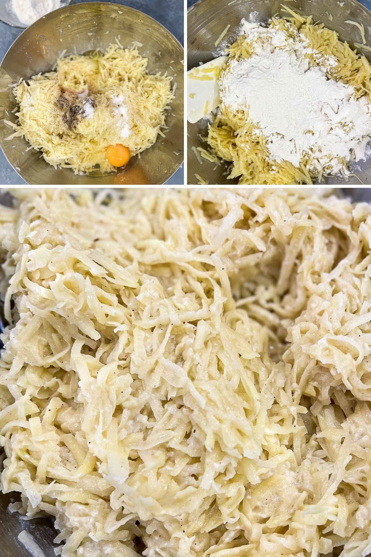 Collage of 3 pictures to show how shredded potato mixture should look