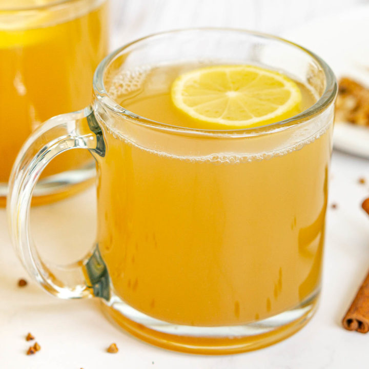 Mug of buckwheat tea with lemon slice