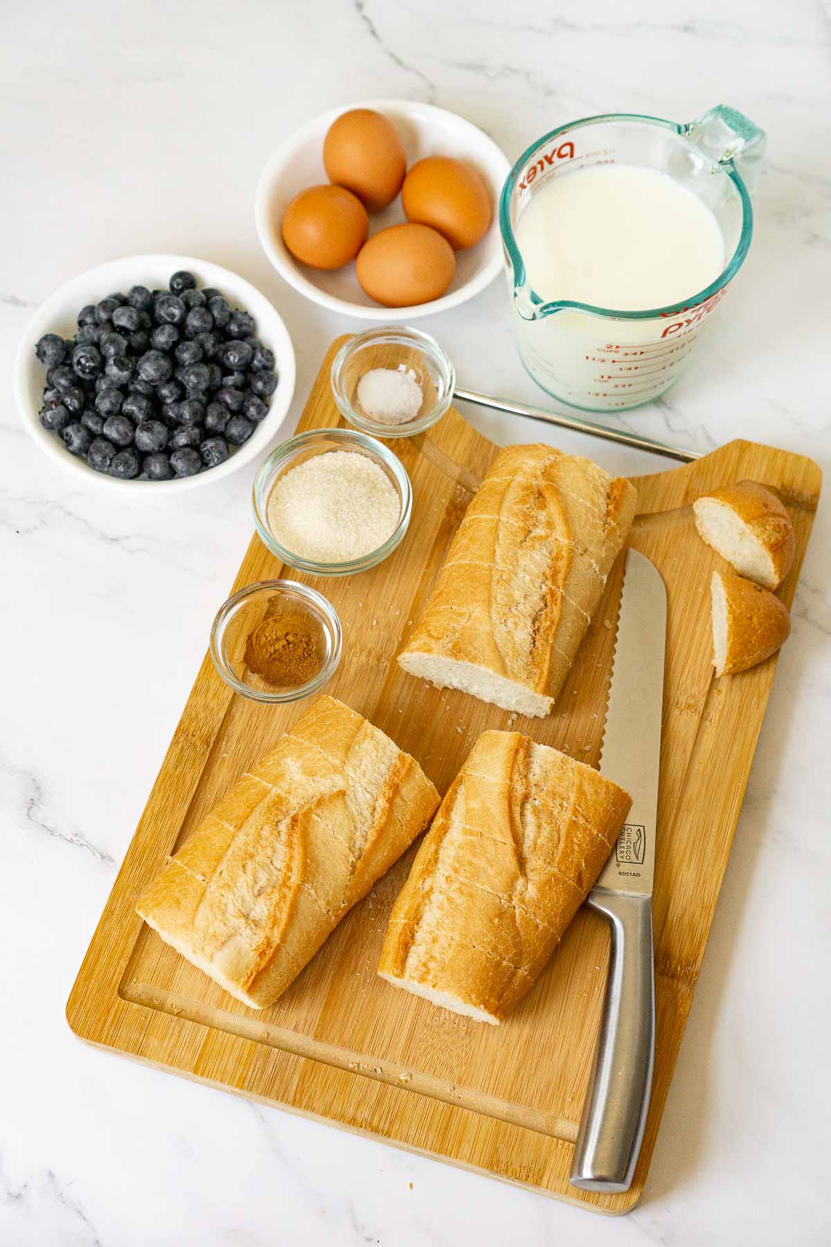 Ingredients to make blueberry Hasselback French toast
