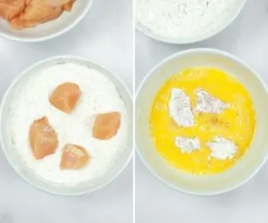 Collage of pictures showing how to coat cubed chicken in flour then eggs