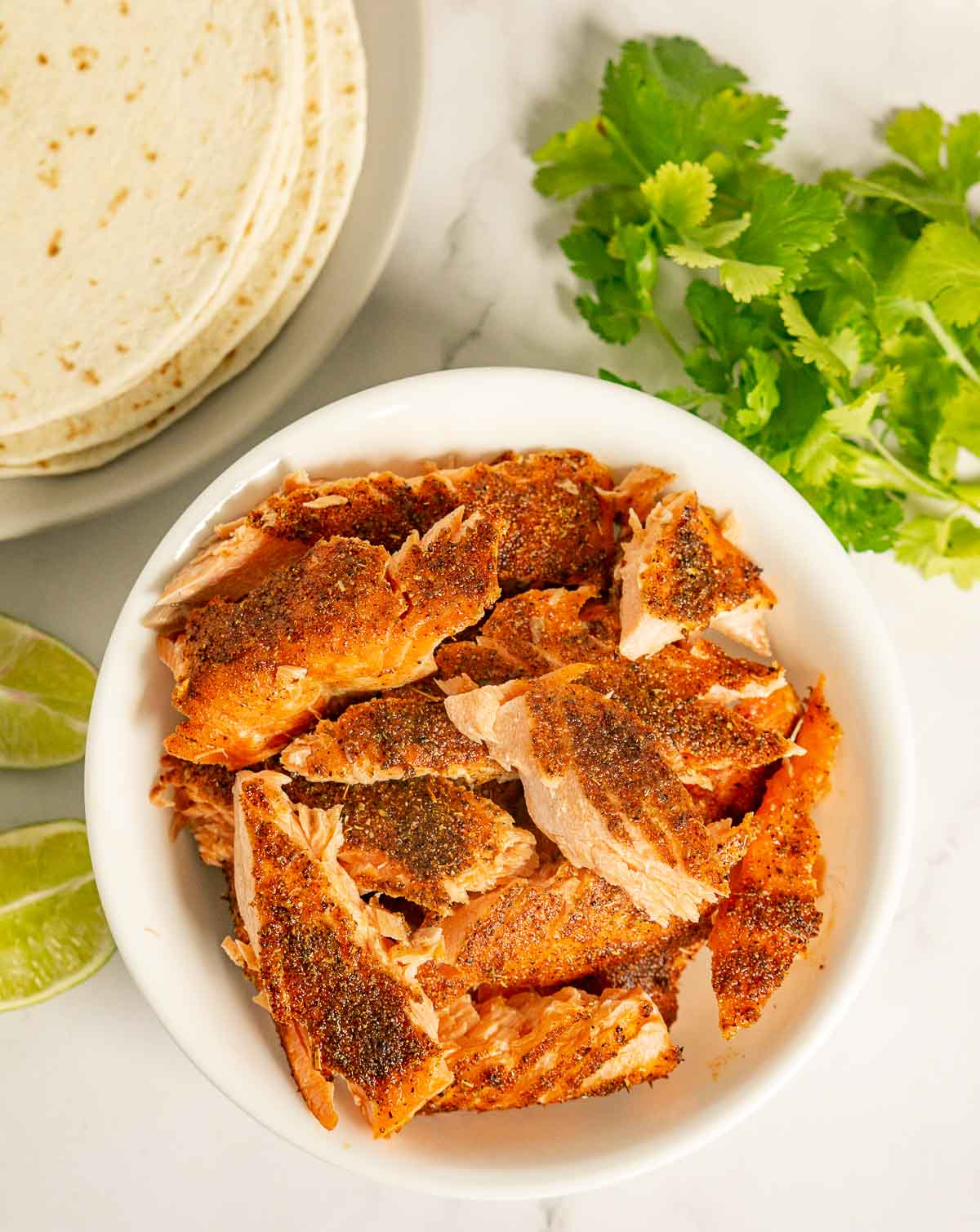 Bowl of taco seasoned trout cut into pieces