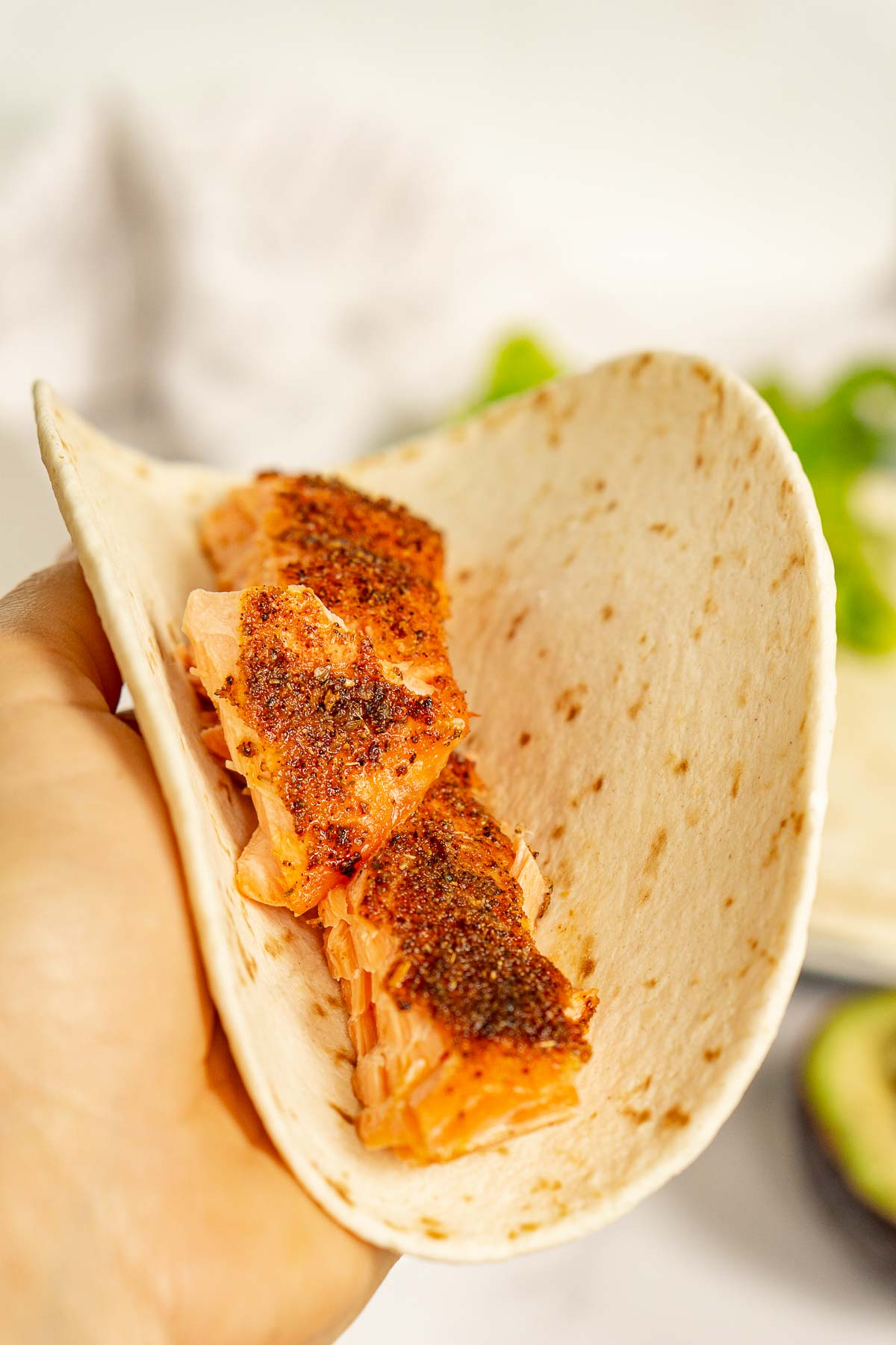 Flour tortilla with taco seasoned trout pieces