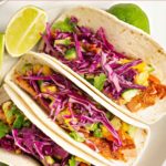 Pinterest image with text:15 minute trout tacos with mango salsa
