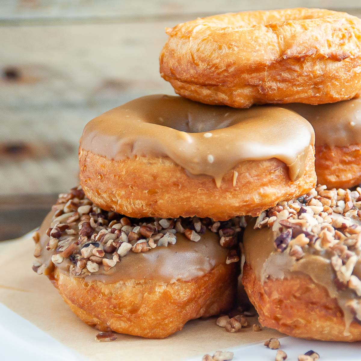 Stack of caramel donuts made from canned biscuits