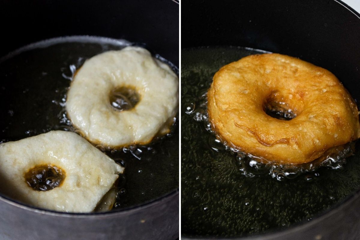 Collage of 2 pictures showing how to fry donuts in oil