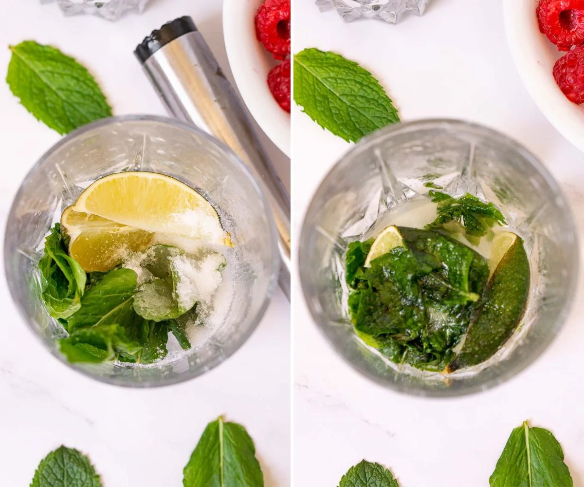 Collage showing how to muddle mint for mojitos