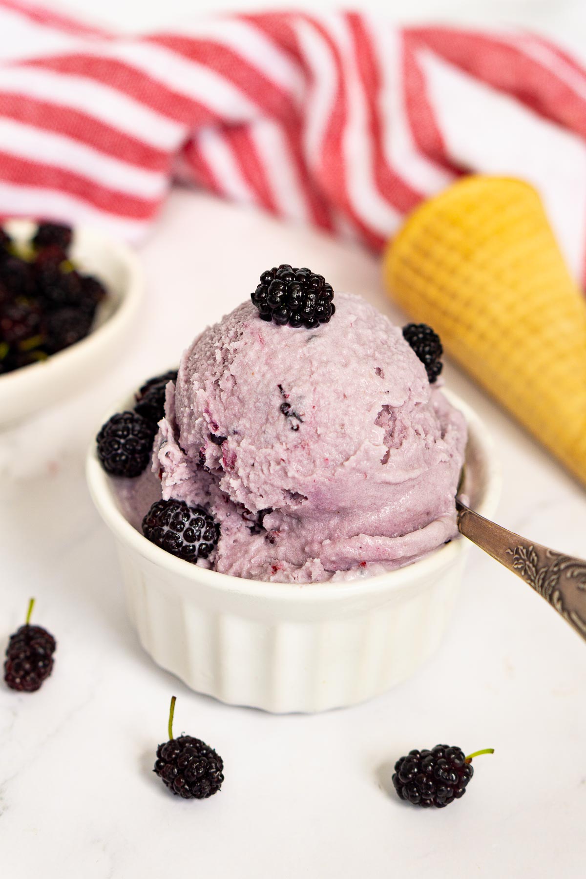 Bowl of homemade mulberry ice cream garnished with mulberries