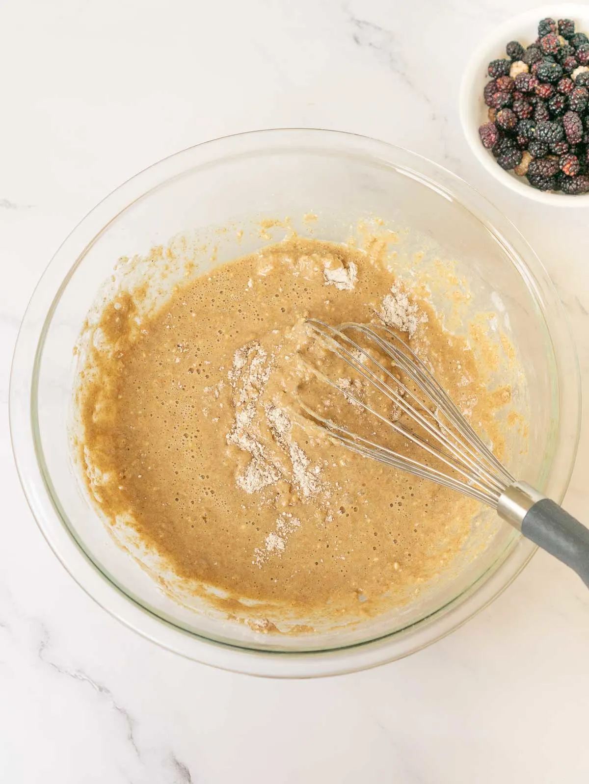 Batter for mulberry muffins in a bowl