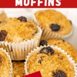 Pinterest image with text: healthy mulberry muffins with brown sugar topping