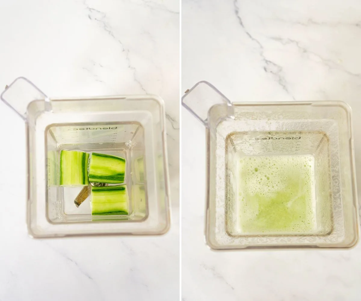 Collage of 2 pictures showing how to blend cucumber with water
