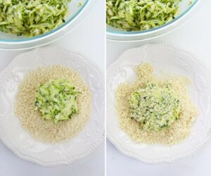 Collage of 2 pictures showing how to dredge the fritters in breadcrumbs