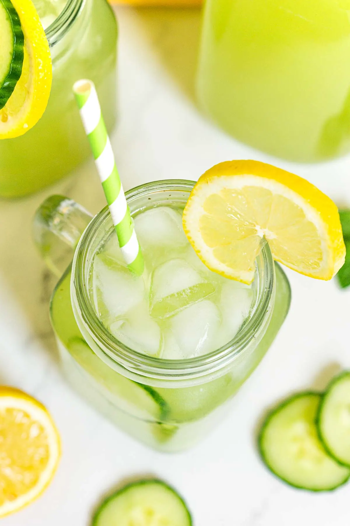 Overhead shot of cucumber lemonade in a glass