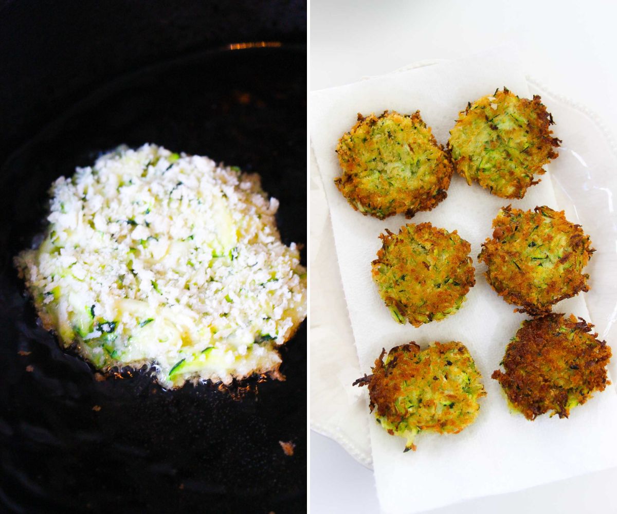 Collage of 2 photos showing how to fry zucchini fritters and place them on paper towels