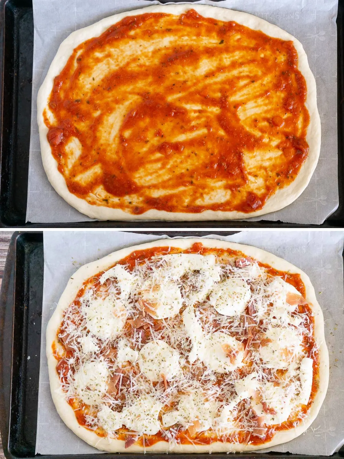 Collage of 2 photos for how to add toppings to pizza dough