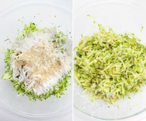 Collage of 2 pictures showing how to make zucchini fritter batter