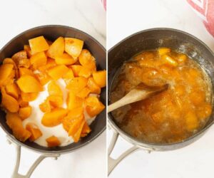 Collage of 2 pictures showing how to make apricot syrup for ice cream