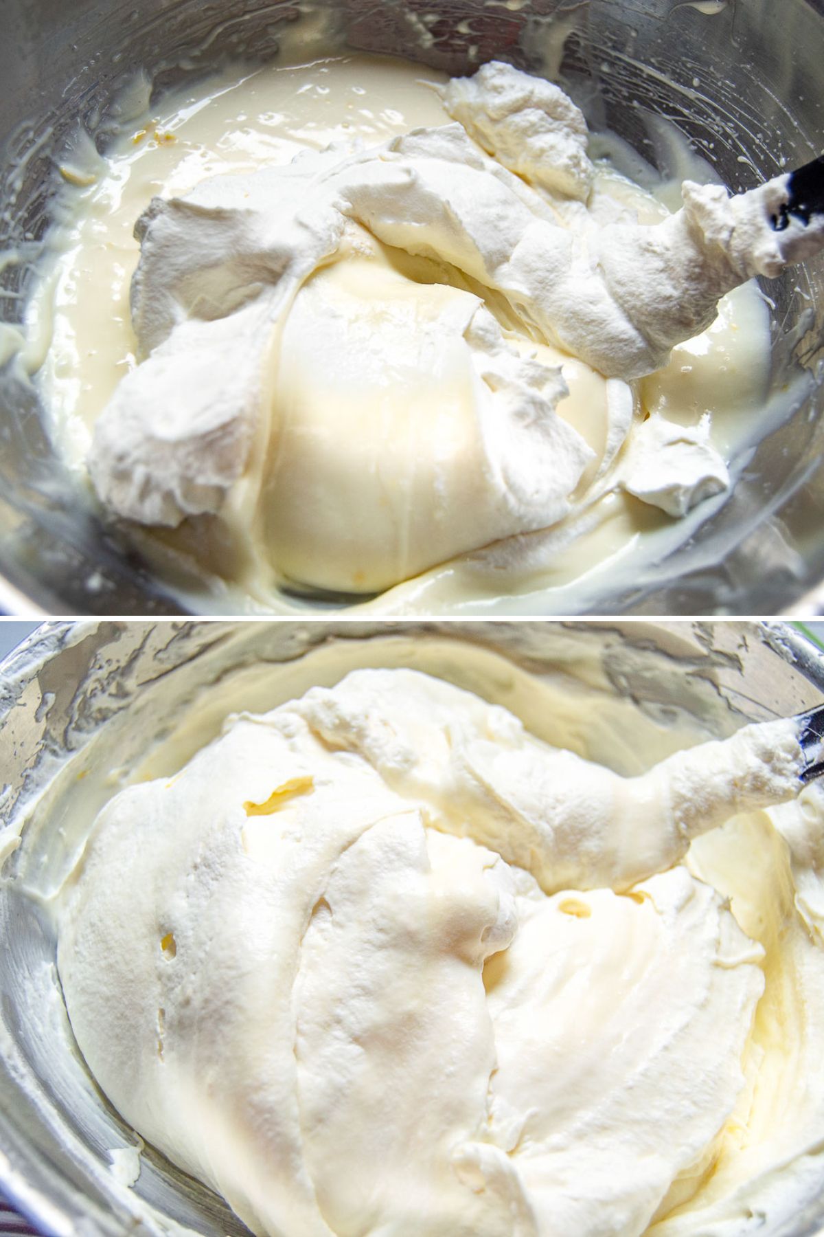 Collage of 2 pictures showing how to fold in whipped cream into condensed milk to make ice cream