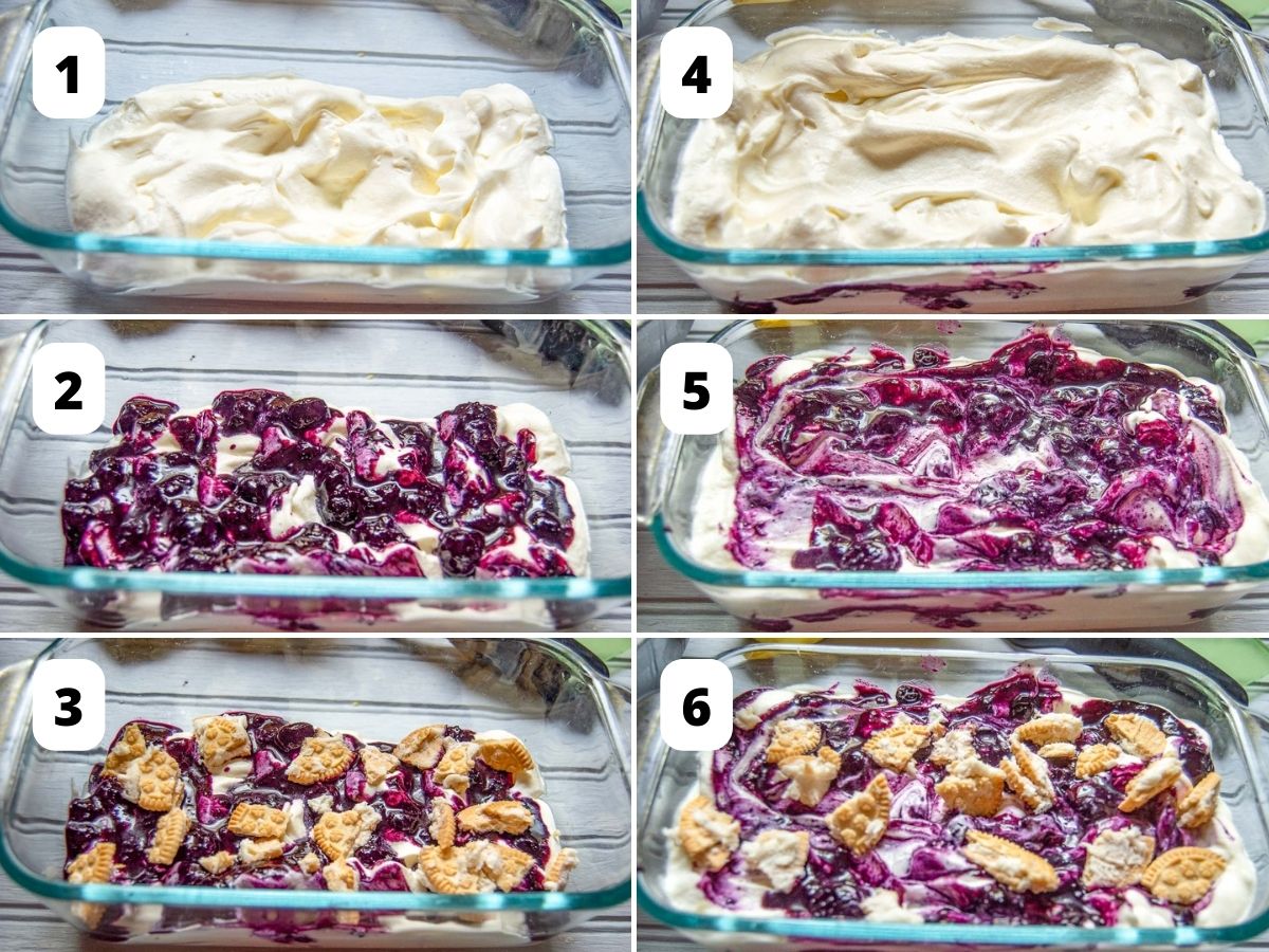 Collage of 6 pictures showing how to layer ice cream, blueberry sauce, and crushed cookies to make a blueberry swirl ice cream