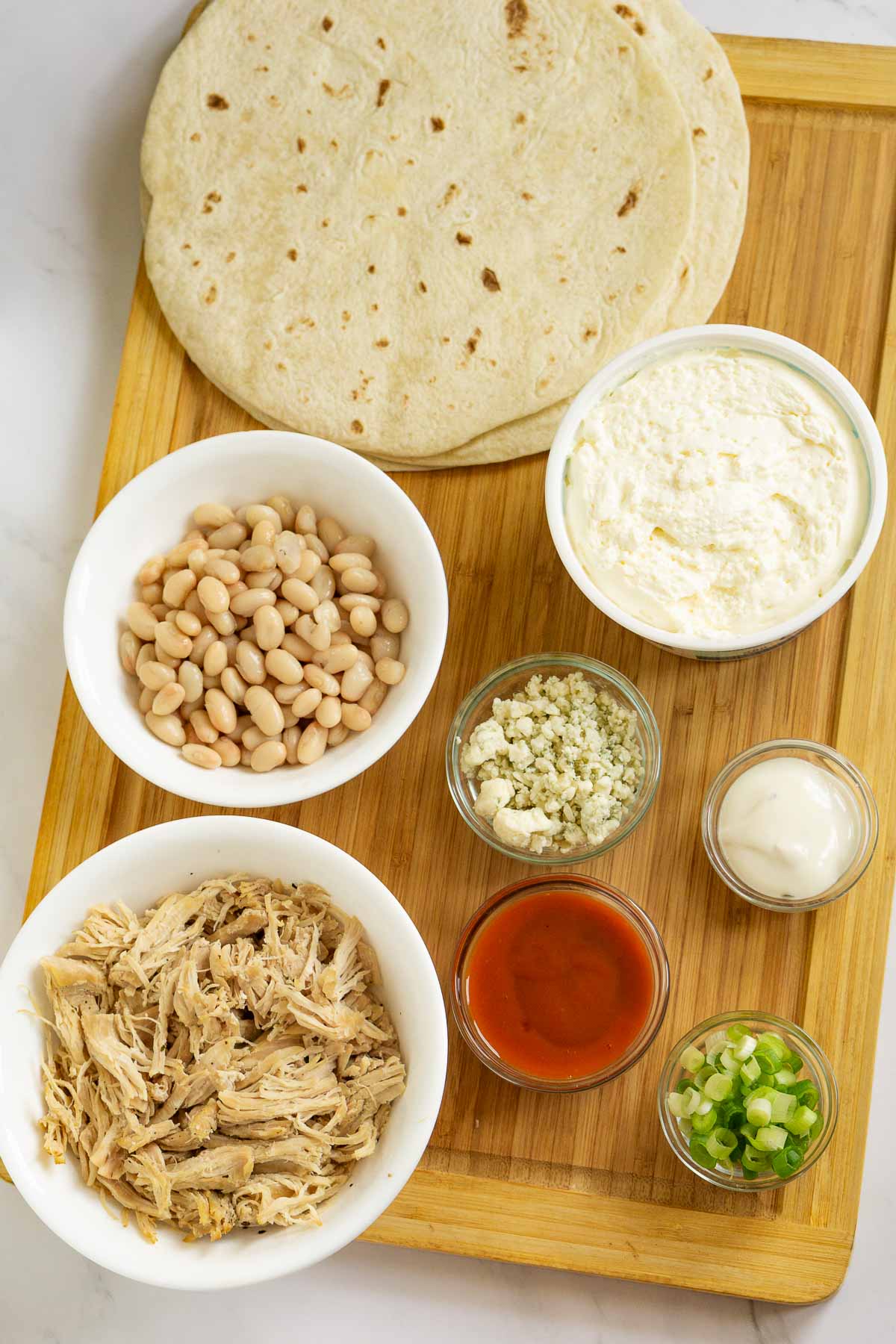 Ingredients for Buffalo Chicken Tortilla Pinwheels