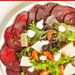 Pinterest image with text: Beet carpaccio - healthy and vegetarian