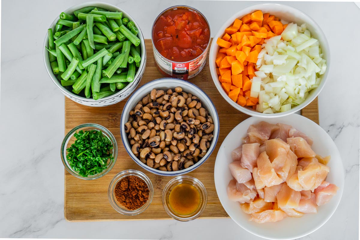 Ingredients mise en place for black eyed peas with chicken and veggies soup