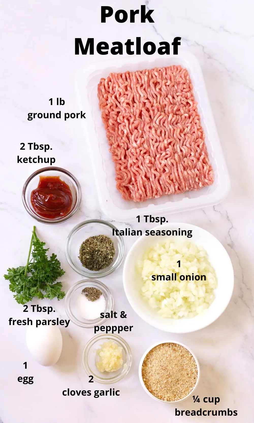 Ingredients for ground pork meatloaf laid out