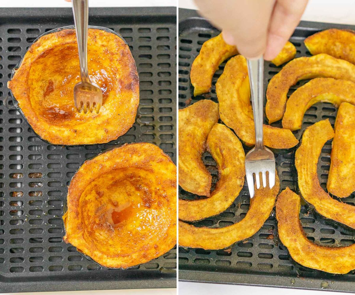 Collage showing 2 pictures of air fried acorn squash with a fork going through it.