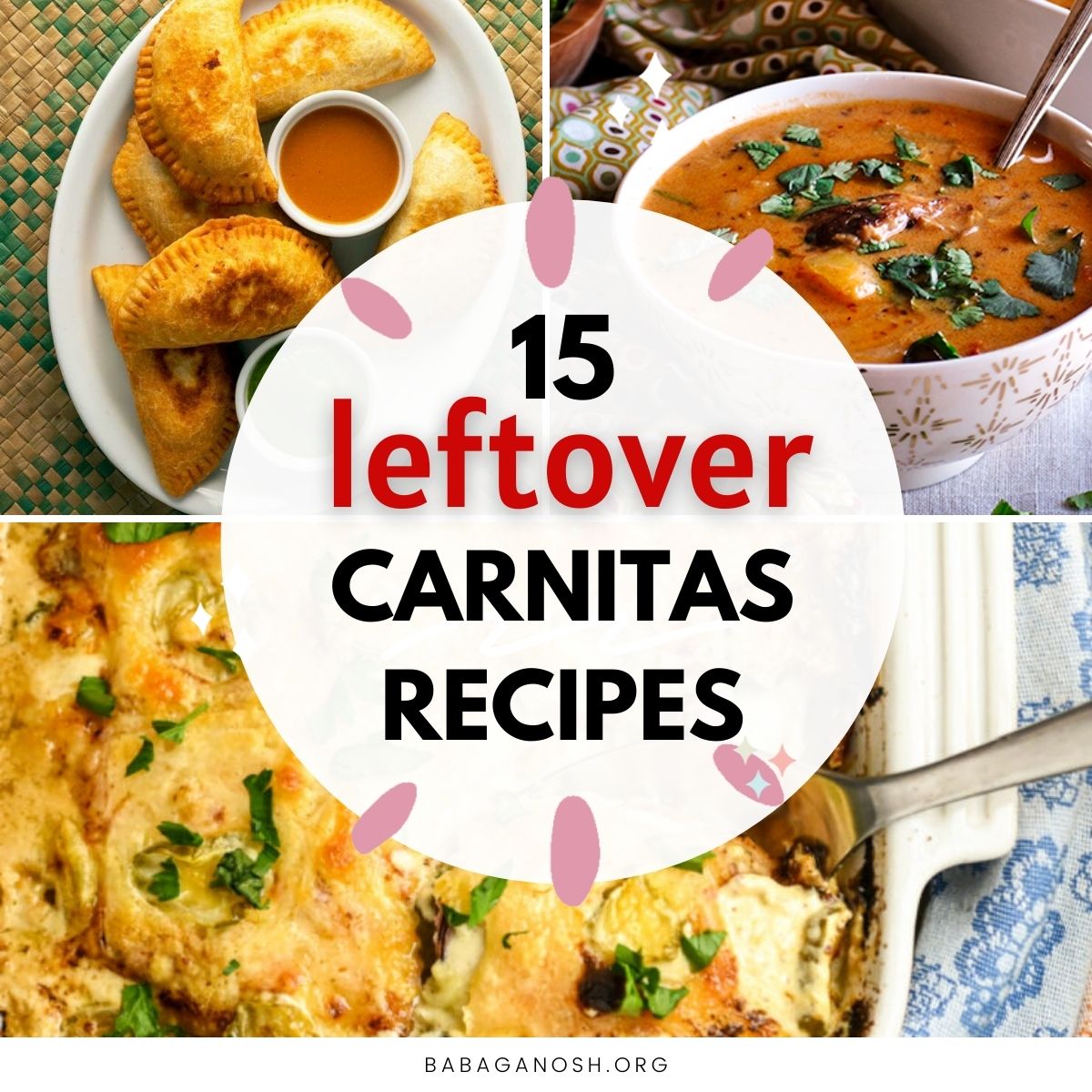 Graphic with text: 15 Leftover Carnitas Recipes
