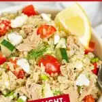 Pinterest image with text: Quinoa tuna salad - healthy, light, gluten-free