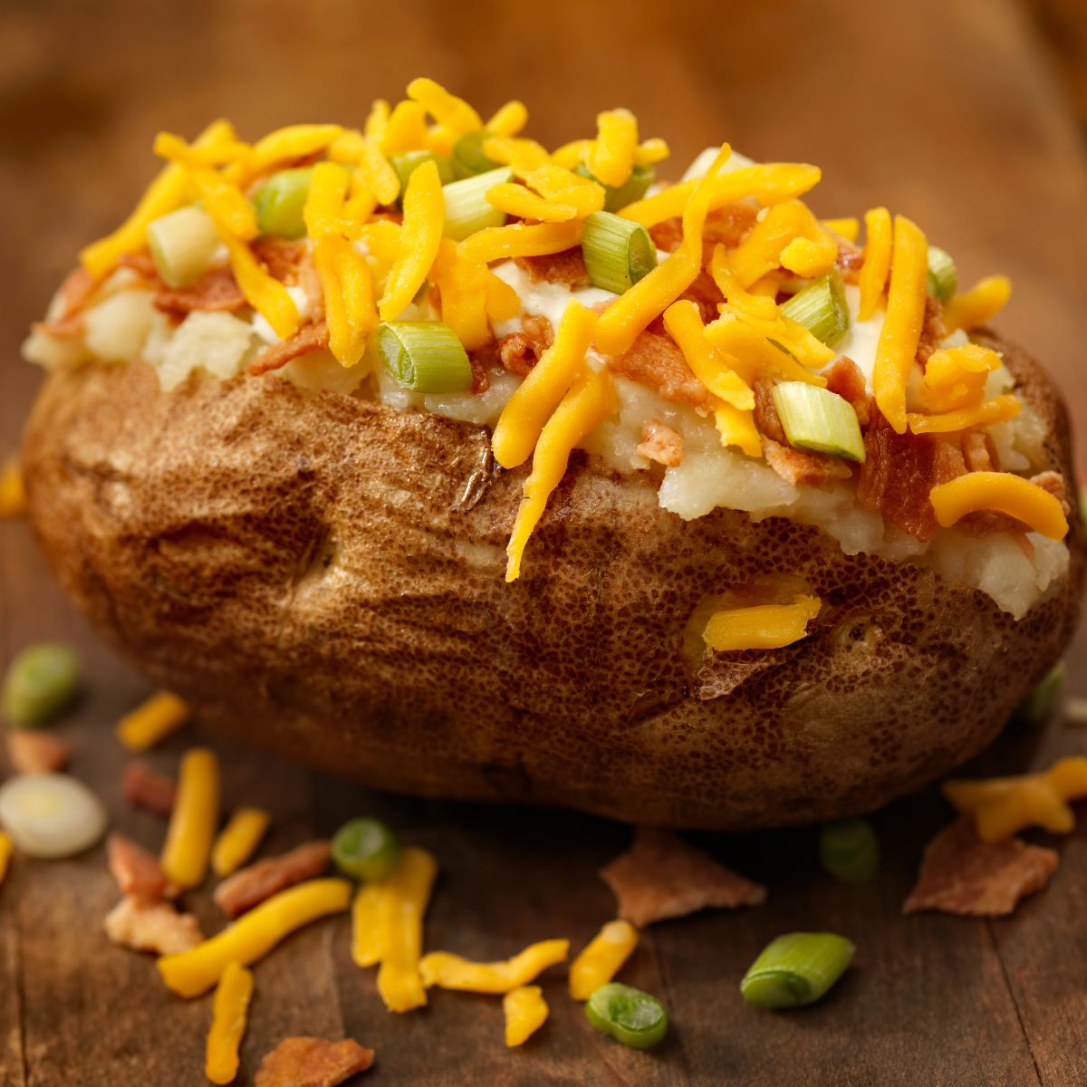 Baked potato topped with bacon and shredded cheddar cheese