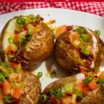 Pinterest image with text: baked potato bar - lots of topping ideas