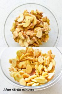 Collage of 2 pictures showing apples covered in sugar and spice mixture