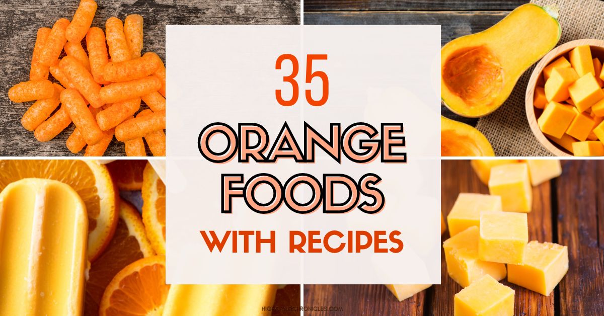 Graphic with text: 35 orange foods with recipes