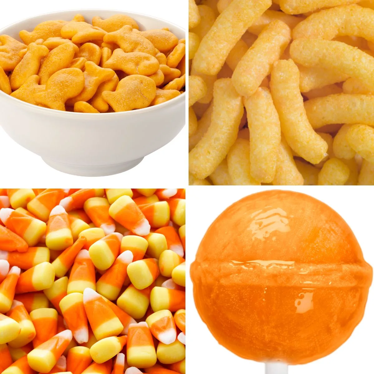 Collage of 4 orange drinks and sweets