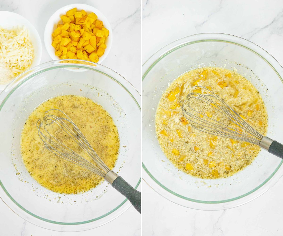 Collage of 2 pictures for adding seasonings, cheese, and pumpkin to egg mixture