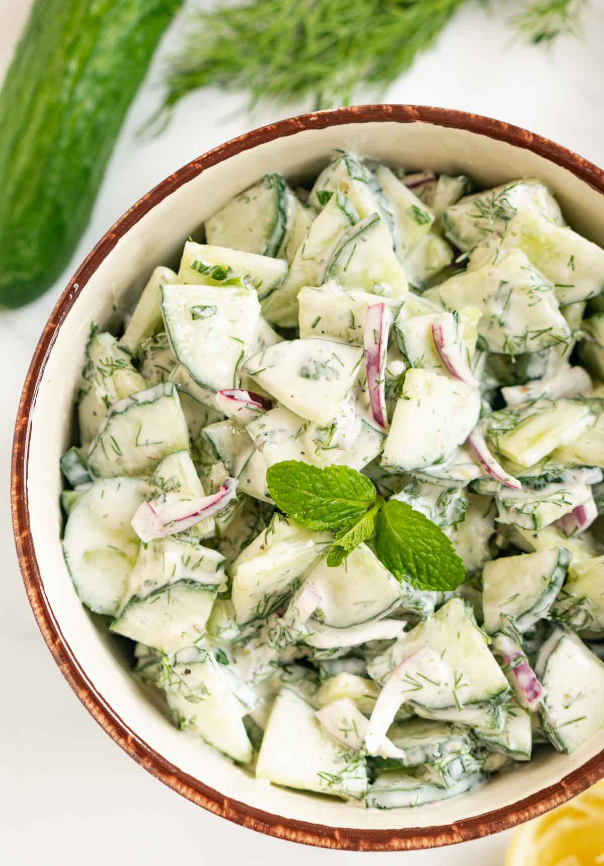 Bowl of Greek cucumber salad 