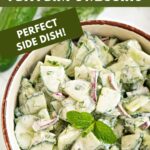 Pinterest image with text: Cucumber salad with tzatziki dressing - perfect side dish!