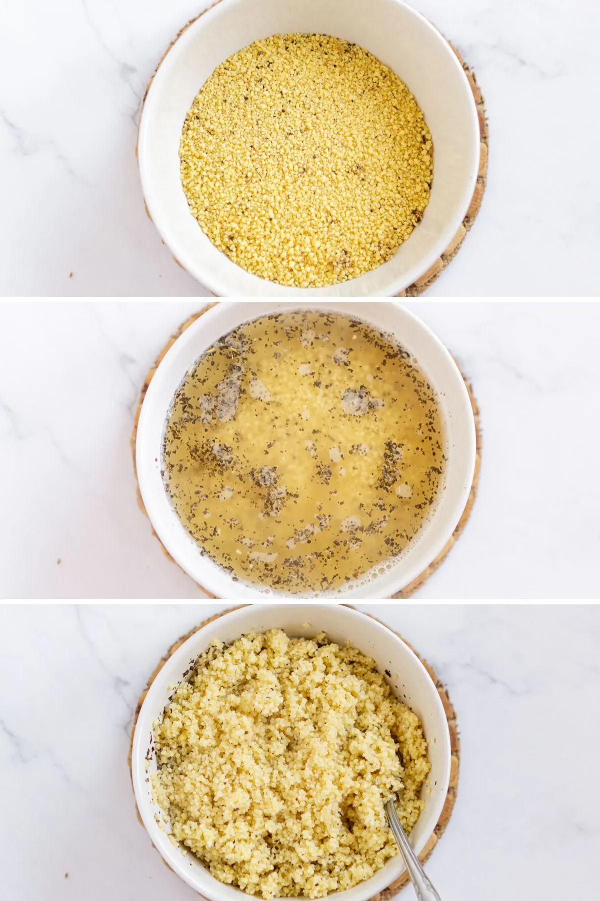 3 photos showing how to make couscous with boiling water