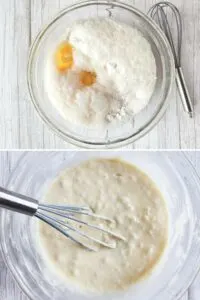 Collage of 2 pictures for how to make cupcake batter with champagne
