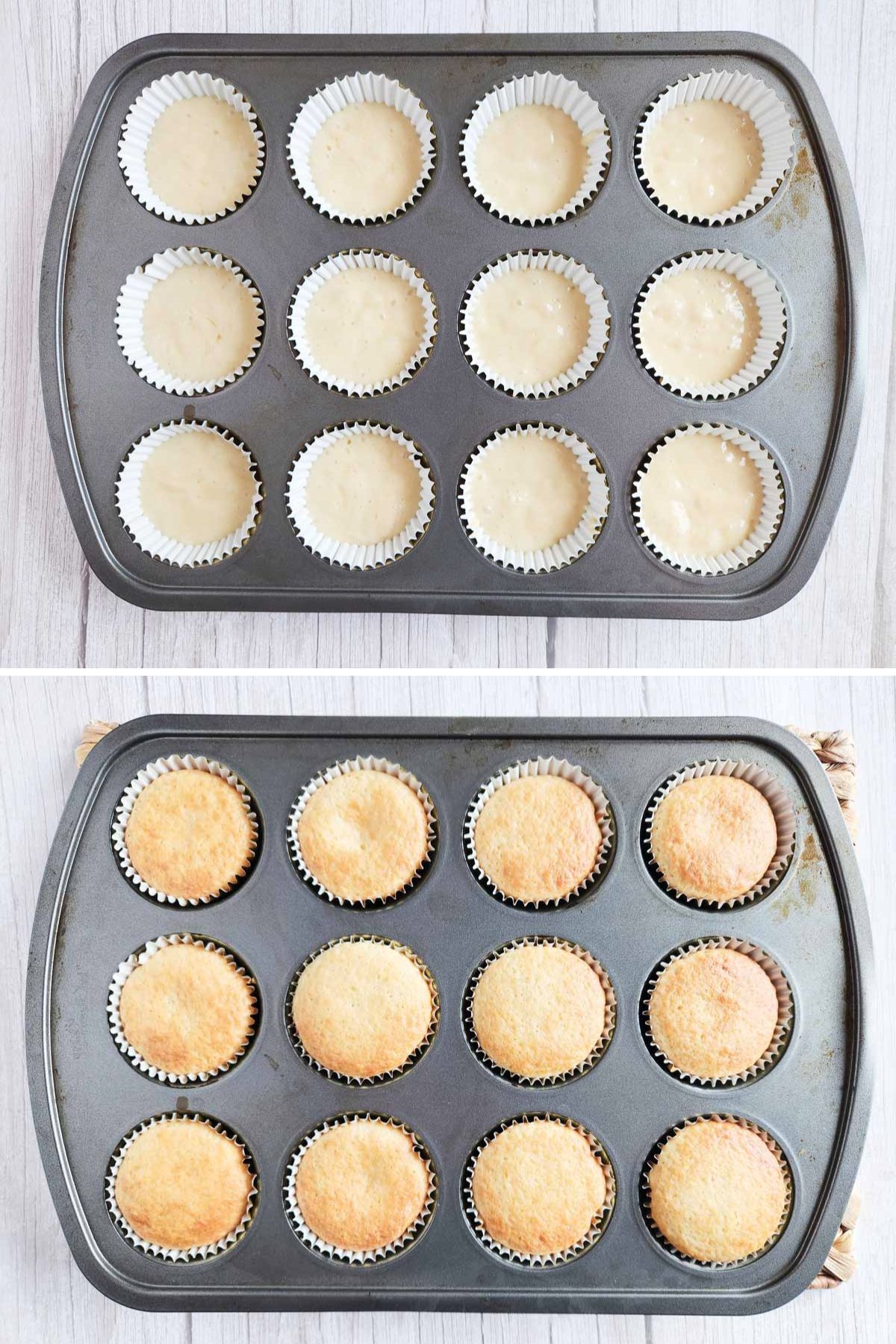 Collage of 2 pictures: cupcake batter in a cupcake tin and baked cupcakes in a tin