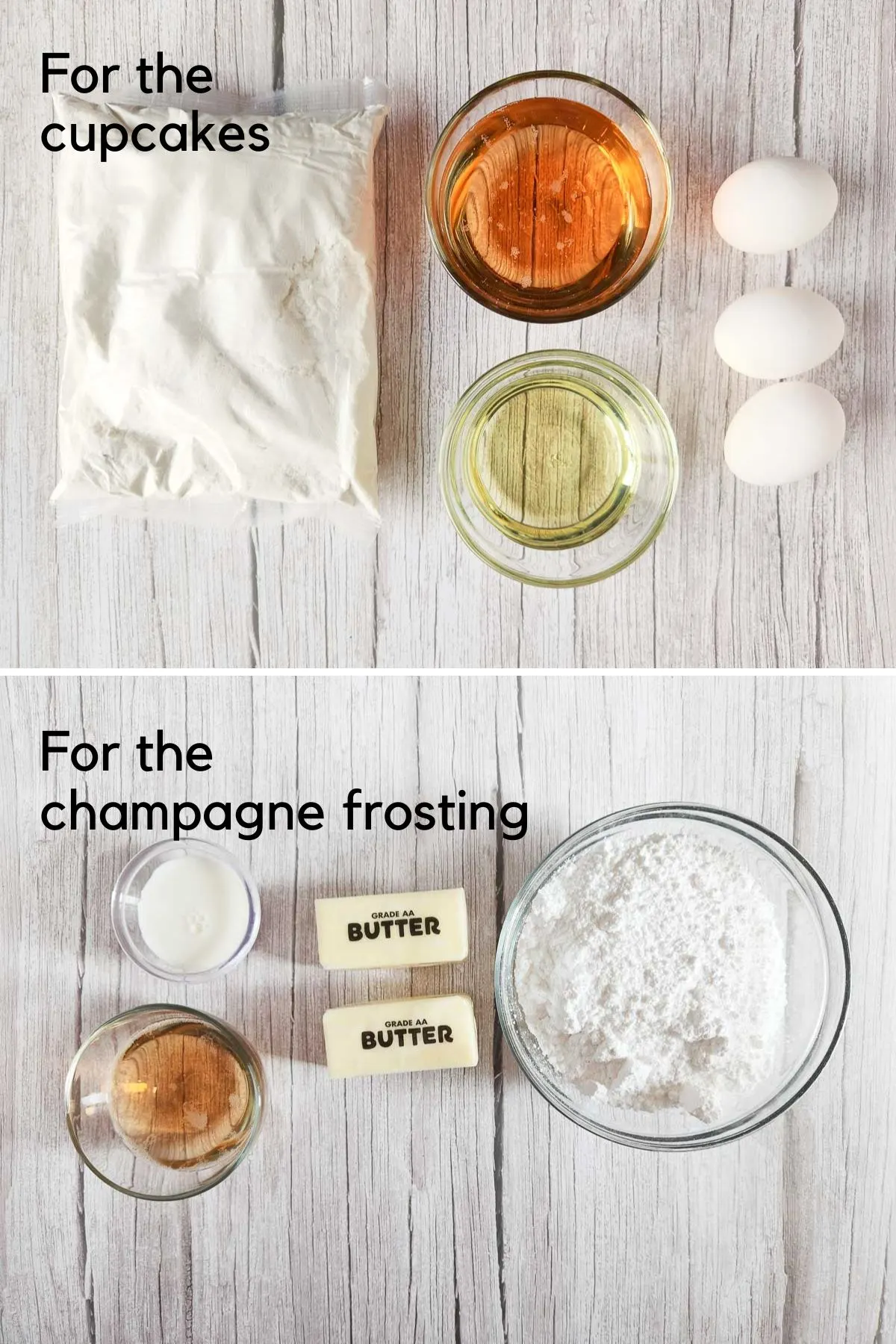 Collage of 2 ingredients showing the ingredients for champagne cupcakes