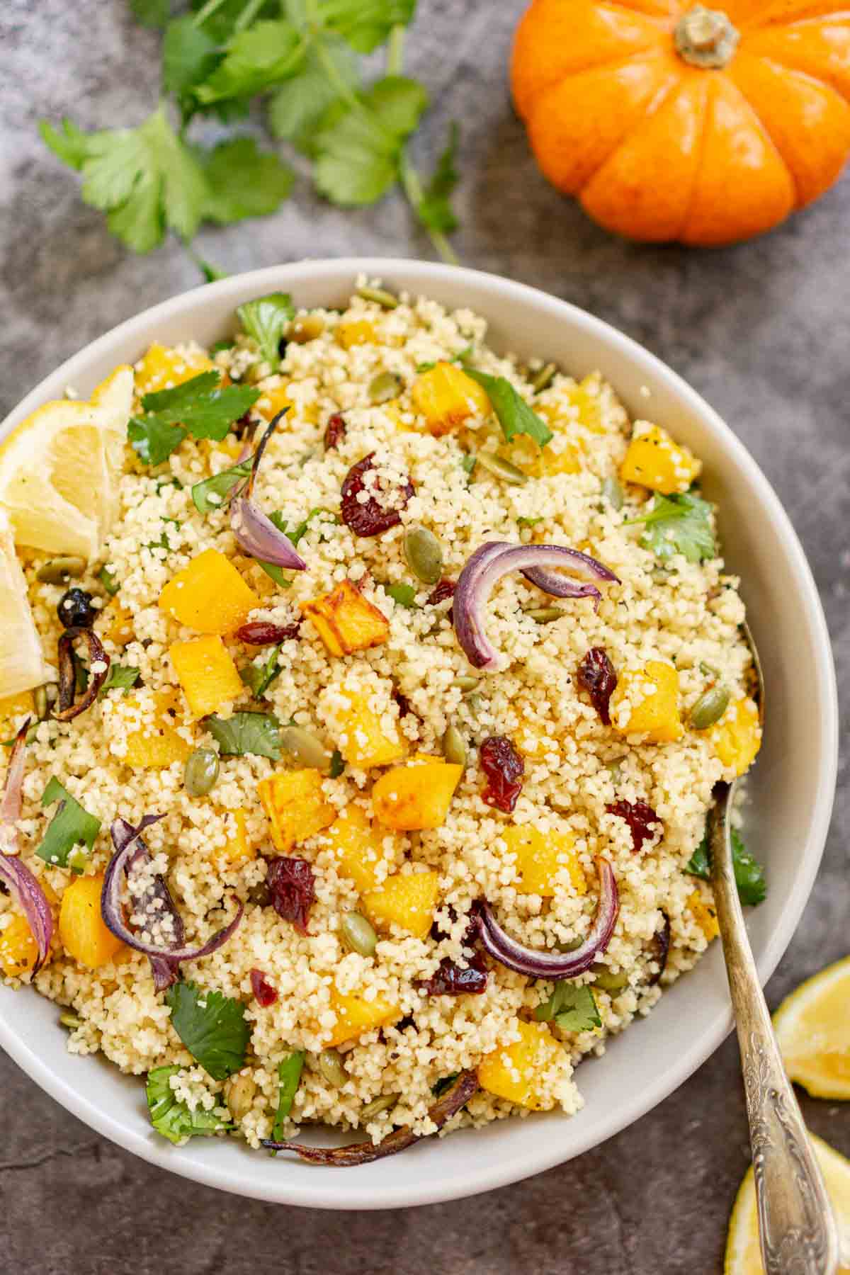 Bowl of couscous and roasted pumpkin salad