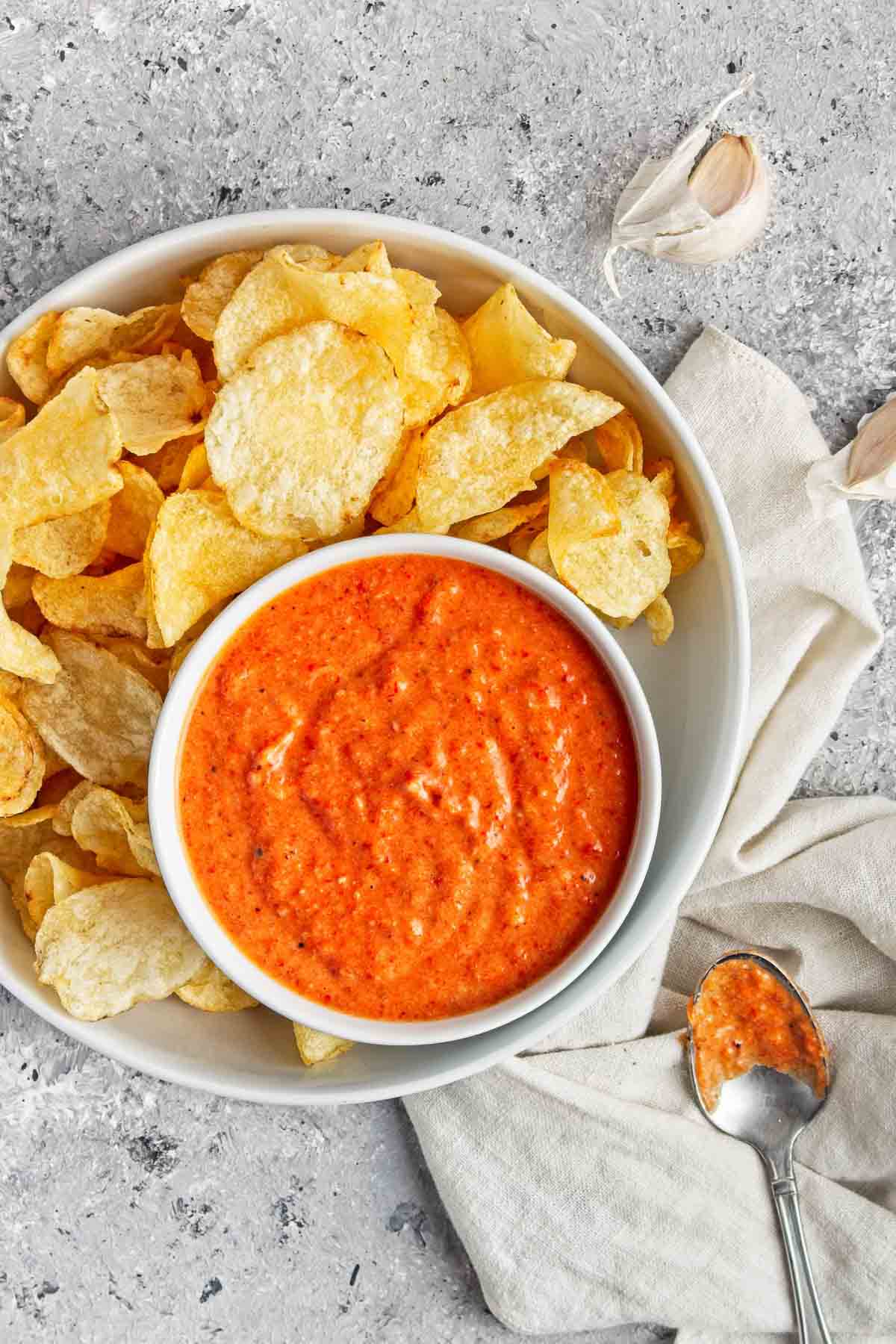 Roasted red pepper dip with chips.