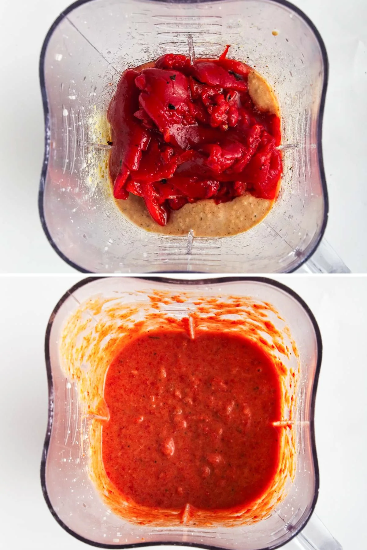 Collage showing the addition of roasted red peppers to the dip in the blender