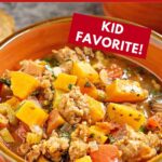 Pinterest image with text: Sausage and sweet potato soup - kid favorite