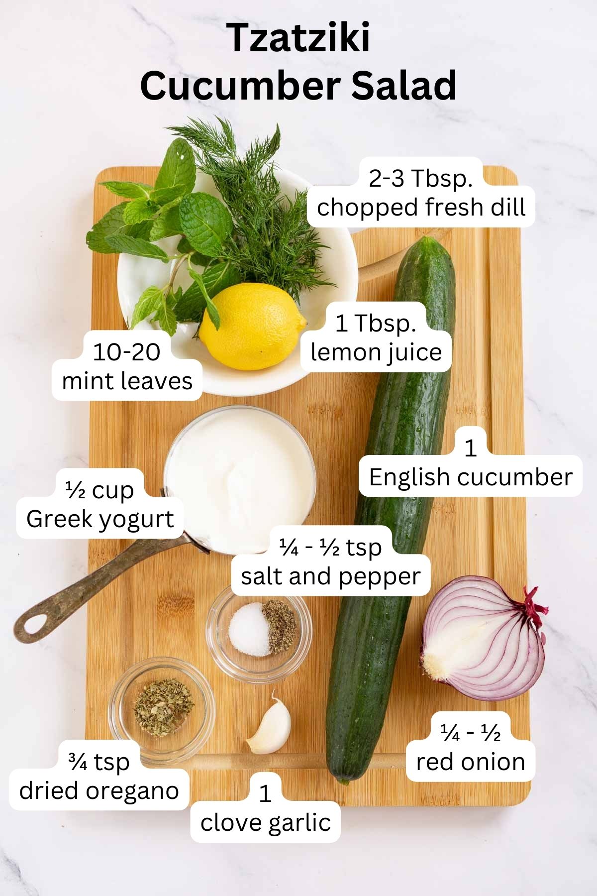 Ingredients to make tzatziki cucumber salad