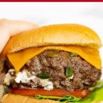 Pinterest image with text: Jalapeño Burgers with cream cheese stuffing